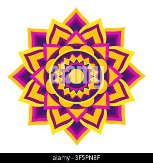 Farbenfrohes Diwali-Mandala-Rangoli-Ornament-Symbol isoliert auf weißem Hintergrund. Indische traditionelle Dekoration. Gelbe, lila, rosa, goldene Farbe. Vektor Stock Vektor