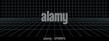 AI-Labor-Studio-Podest, 3D-Gitter-Hintergrund. Isometrisches Perspektivenmuster aus blauen Linien-Arcade. Retro-Metaverse, Neonboden im 80er-Stil. Infografik-Hintergrund Stock Vektor