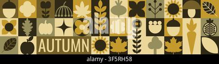 Horizontales Herbstbanner mit einem abstrakten geometrischen Mosaikraster mit Herbstblättern, Kürbissen, Äpfeln, Eicheln, Pilzen und saisonalen Ernte-Symbolen. Stock Vektor