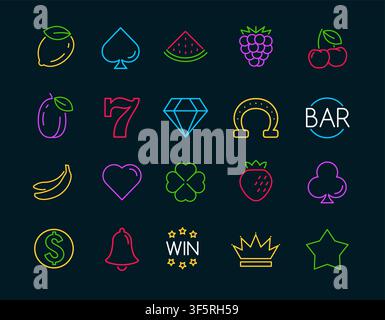 Neon Casino slot Symbol gesetzt. Slot Maschine spielen Neon-Symbol Kirsche Frucht Bar Glück Casino Vektor Licht Symbole Stock Vektor