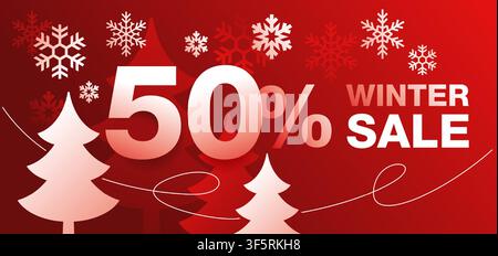 Winter-Sale bis zu 50 Prozent Rabatt rotes Banner-Template in saisonaler Dekoration - Schneeflocken- und Tannen-Vektorhintergrund - Promo-Werbung Stock Vektor