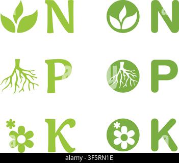 N, P, K-Symbole-Satz – Konzentration von Stickstoff, Phosphor und Kalium in Düngemitteln für den Garten. Nährstoffe für Blätter, Blüten und Wurzeln Stock Vektor