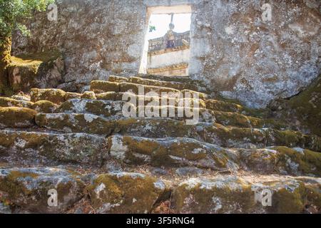 Alte steinerne Treppe, bedeckt mit Moos, die durch einen steinernen Türbogen zum historischen Sanktuarium Nossa Senhora da Piedade in Sanfins do Douro führt. Stockfoto
