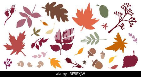 Vektor-Clipart-Set aus Herbstblättern, Beeren, Eicheln und Ästen. Herbstbotanische Elemente für Thanksgiving, zurück zur Schule und Herbstdesign. Stock Vektor