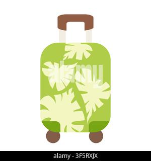 Vektorillustration eines modernen Rollkoffers in Grün mit einem hellen tropischen Monstera-Blattmuster. Stilisierte Reisetaschen-Ikone für Tourismus und Modedesign. Stock Vektor