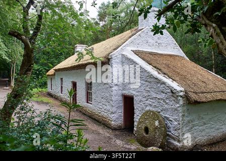 Traditionelles Strohgedecktes Weberhaus mit Mühlstein und weiß getünchten Steinmauern im Ulster American Folk Park nahe Omagh, County Tyrone. Stockfoto