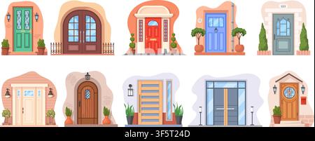 Fassade der Eingangstüren. Haus-Eingang verschiedene Tür, Außendesign Willkommensportal Glasfenster Vintage moderne Holztür Wohnung Haus Veranda Wand Set ordentliche Vektorillustration Originalgrafik Stock Vektor