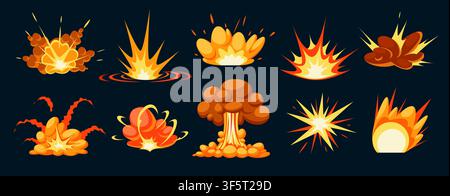 Cartoon-Explosionen. Bombe Bumm Feuer Rauch, Druckwelle Wolkenbruch Crash nuklearer Pilz Dynamit Flamme Hitze Kraft Krieg Angriff Blitz Knall Explosion Effekt qualitativ Vektorillustration Originalgrafik Stock Vektor