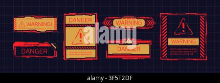 Achtung-HUD-Rahmen. Gefahrenalarm rotes Schild, Warnrahmen-Techniksystem-Digitalbildschirm-Fehler-Vorsichtsknopf retro-futuristisches Cyber-Security-Hoch-Ausrufezeichen-Text-Vektorillustration Originalgrafik Stock Vektor