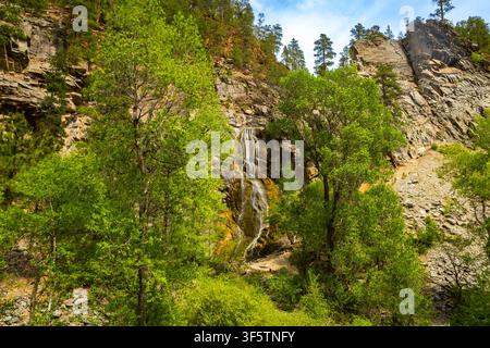 Atemberaubender Wasserfall stürzt die felsigen Schluchtenwände von Bridal Veil Falls im Spearfish Canyon hinab Stockfoto
