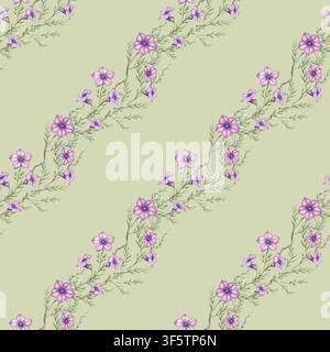 Lila-Blumen-Diagonalstreifen-Muster ohne Ende auf salbeigrünem Hintergrund. Handgezeichnete Wasserpetunien mit lila Blüte und Blatt im Vintage-Stil. Sommer-Cottagecore-Design für Stoff oder Tapete. Stockfoto