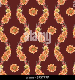 Nahtloses Muster mit Ringelblumen auf burgunderrotem Hintergrund. Handgezeichnete Aquarell-Tagetes patula mit orangefarbenem Punktblüte. Sommerliches Vintage-Design für Stoff oder Tapete. Herbstgartenteil mit wiederholtem Textildruck. Stockfoto