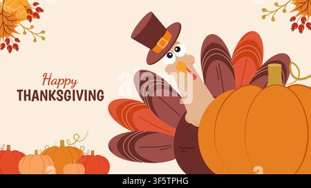 Niedliche Truthahn-Herbstblätter und Kranz-Einladungsvorlage für Thanksgiving. Für Grußkarten-Party-Einladung Druck und Webdesign, Vektorillustration. Stock Vektor