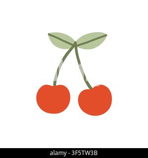 Zwei rote Kirschen mit grünen Stielen und Blättern Vektorillustration. Flaches süßes Sommerfrucht-Element für Café-Menüs, Backgrafiken, Aufkleber und Stock Vektor