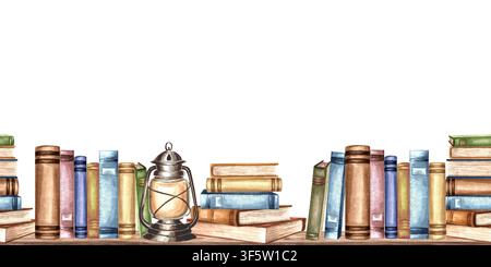 Bücher auf einem Vintage-Bücherregal, Wasserfarben-nahtlose Bordüre. Banner mit Lehrbüchern und Schreibwaren, handgezeichnete Illustration isoliert. Vorlagenhintergrund für Stockfoto