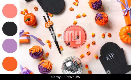 Halloween-Party-Dekorationen mit Cupcakes und Süßigkeiten Stockfoto