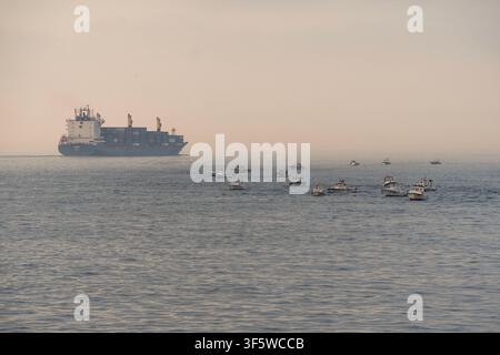 Istanbul, Türkei. 4. Aug., 2026. Ein großes Frachtschiff segelt durch ruhige Gewässer in dichtem Nebel, während zahlreiche kleine Boote in der Nähe verstreut sind in Istanbul, Türkei. (Credit Image: © Moe Zoyari/ZUMA Press Wire) NUR FÜR REDAKTIONELLE NUTZUNG! Nicht für KOMMERZIELLE NUTZUNG! Stockfoto