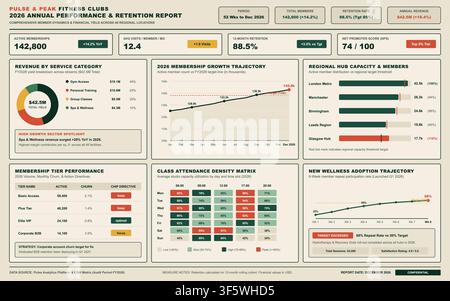 Professionelles Business-Dashboard-Vektorgrafik, die Jahresleistungsberichte der Fitnessbranche, Finanzanalysen und Mitglieds-wachstum anzeigt. Stock Vektor