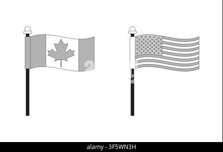 Canada- und USA-Flaggen in Graustufen-Linien-Cartoon-Clipart-Set Stock Vektor