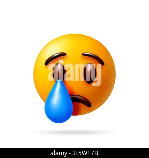 3D weinendes gelbes Emoji mit blauem Tränenfall Stock Vektor