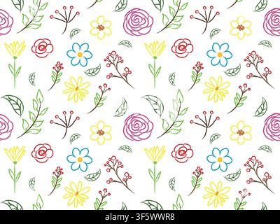 Satz einfacher Doodles von Blumen, handgezeichnete farbige Zweige, Blätter nahtloser Hintergrund Stock Vektor