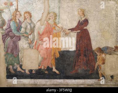 Sandro Botticelli – Venus und die drei Grazien, die einer jungen Frau Geschenke überreichen Beschreibung (Englisch): Ein Renaissance-Gemälde von Sandro Botticelli, das Venus und die drei Grazien zeigt, wie sie einer jungen Frau Geschenke überreichen. Inspiriert von der klassischen Mythologie und den Renaissance-Idealen von Schönheit und Tugend, zeichnet sich die Komposition durch Botticellis anmutige Figuren, elegante Linien und harmonische Balance aus. Das Werk ist Teil der Sammlung des Louvre-Museums in Paris. Stockfoto