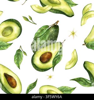 Nahtloses Aquarell-Avocado-Muster isoliert auf weißem Hintergrund. Handgezeichnete botanische ganze Avocados, geschnittene Hälften mit Steinen, grüne Blätter, Spritzer Stockfoto