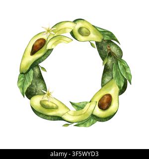 Aquarell-Avocado-Kranz handgezeichnete Illustration. Ganze Avocados, geschnittene Hälften mit Kernen, geschnittene Stücke, grüne Blätter in einem kreisförmigen Rahmen. Für Lebensmittel Stockfoto