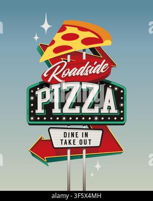 Neonschild einer Pizzeria im Stil der Retro-50er-Jahre amerikanischen Motel-Werbetafeln. Hintergrund mit Tageshimmel. Stilvolle bearbeitbare Vektorgrafik für die Dekoration von Restaurants, Bistros oder Cafés. Stock Vektor