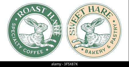 Hase, Kaninchen-Skizze. Vintage-Kaffee-Backerei-Röstzeichen-Sammlung Stock Vektor