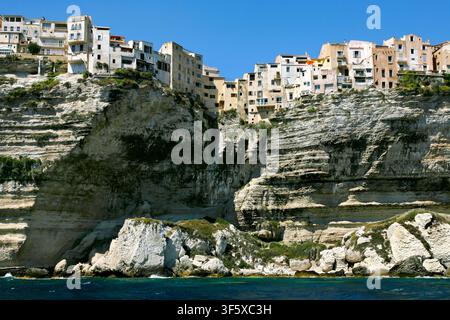 Häuser mit Blick, die Oberstadt / la Haute Ville und die Klippenkante vom Meer aus gesehen, Bonifacio, Corse-du-Sud, Korsika, Frankreich, Europa Stockfoto