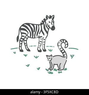 Zebra und Lemur, Strichkunst-Illustration Stock Vektor