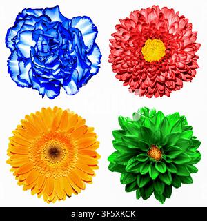 Set mit 4 in 1 Blumen: roter Chrysantheme, orangefarbener Gerbera, blauer Nelke und roter Chrysantheme, isoliert auf Weiß Stockfoto