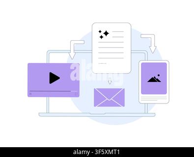 KI-Inhaltsaufbereitung, die Artikel in Videos, E-Mails und Social-Media-Assets umwandelt, durch automatisierten Multichannel-Publishing für Marketingkampagnen. Flachdesign-Vektorillustration. Stock Vektor