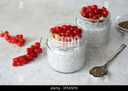 Chia-Pudding mit roten Johannisbeeren und Granola in Gläsern Kopierraum Stockfoto