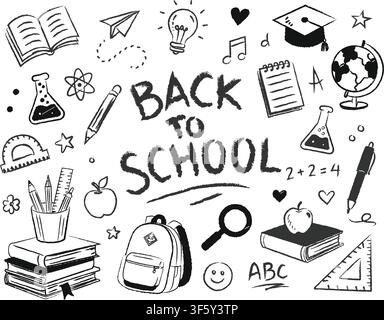 Zurück zur Schule Handgezeichneter Kreide-Stil-Skizze mit Bildung, Wissenschaft und Klassenzimmer-Doodle-Ikonenmotiven Schwarz auf weißem Hintergrund Stock Vektor