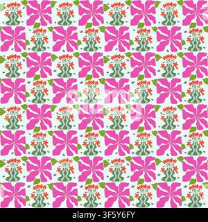 Retro-Blumenmuster ohne Naht mit rosa Blumen und grünen Vasen auf weißem Hintergrund. Stockfoto