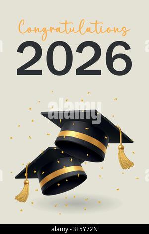 Glückwunsch-Poster zum Abschluss 2026 mit schwebenden akademischen Hüten, goldenem Konfetti und elegantem Feierdesign Stock Vektor