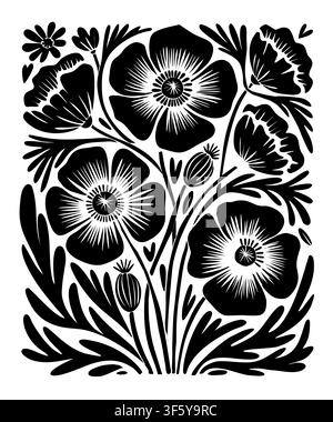 Schwarz-weißes Blumenmuster mit Mohnblumen Stock Vektor