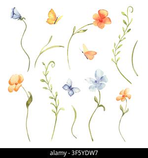 Aquarellset mit kleinen Blumen- und Schmetterlingelementen isoliert. Zarte botanische Illustrationsclipart handgezeichnet. Weiche Blumenpflanzenkollektion Stockfoto