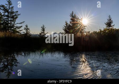 Eine ruhige Landschaftsfotografie fängt einen atemberaubenden Sonnenuntergang über einen friedlichen See ein. Die untergehende Sonne wirft ein warmes, goldenes Licht über die Wasseroberfläche Stockfoto
