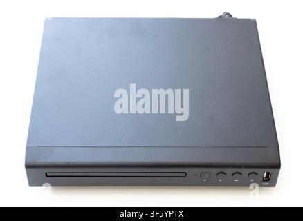 Eine Top-Down-Ansicht eines schwarzen Compact-Disc-Players, isoliert auf weißem Hintergrund Stockfoto