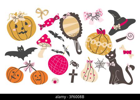 Halloween süße Kokett-Elemente-Set. Handgezeichnete Vektorillustration isoliert auf Weiß. Mädchenschaftliches Halloween-Symbol-Set im flachen Cartoon-Stil. Niedliche Kürbisse mit Schleifen und Hexenhut, Geister und schwarze Katze. Stock Vektor