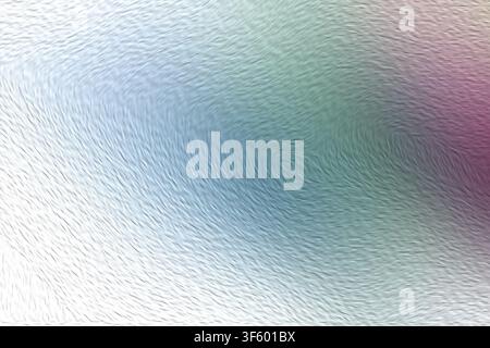 Ein lebendiger abstrakter Hintergrund mit einem texturierten Wellenmuster, das durch Weiß, Blau, Grün und dezente Rosatöne verläuft. Stockfoto