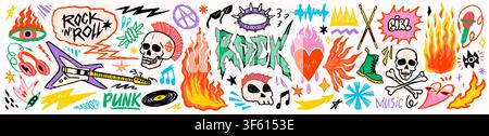 Punk-Rock-Musik-Aufkleber-Set mit Feuer, Schädel, Gitarre und Tattoo-Kritzeleien in farbenfrohem Kritzelstil. Rock-Punk-Grafiken für Poster, Merch und Stock Vektor