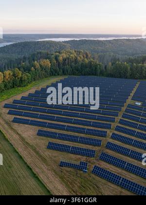 Vertikale Luftaufnahme einer Photovoltaikanlage, die von Wald umgeben ist, mit Morgennebel über dem Gauja-Tal nahe Sigulda, Lettland. Stockfoto