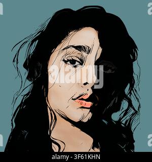 Eine dramatische grafische Illustration einer dunkelhaarigen Frau, halb vom tiefen Schatten verhüllt vor einem blaugrünen Hintergrund, die Themen der Dualität, verborgenen Emotionen erforscht Stockfoto