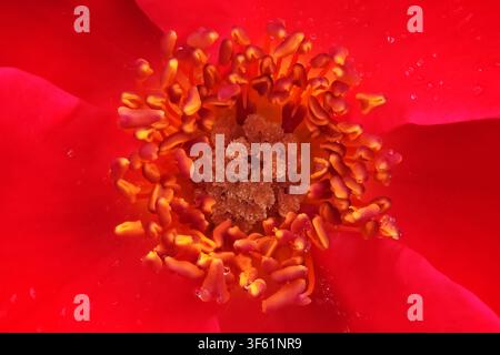Nahaufnahme des Zentrums einer roten Rosenblüte Stockfoto