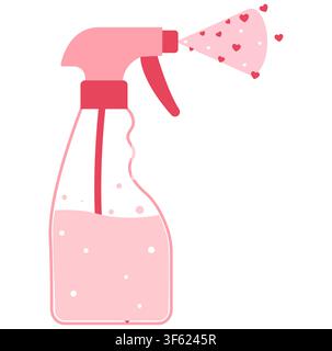Rosa Sprühflasche gibt kegelförmigen Nebel ab, der gefüllte Herzen über dem sprudelnden Flüssigkeits-Tropferauslöser erzeugt. Lieblich für Duft-Romantik-Aroma-Apps Verpackungs-UI-Kits Schönheitsetiketten Logos Marken Symbole Stock Vektor