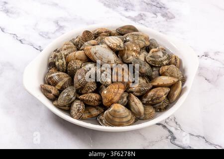 Rohe frische Muscheln in Schalen in einer Schale Stockfoto